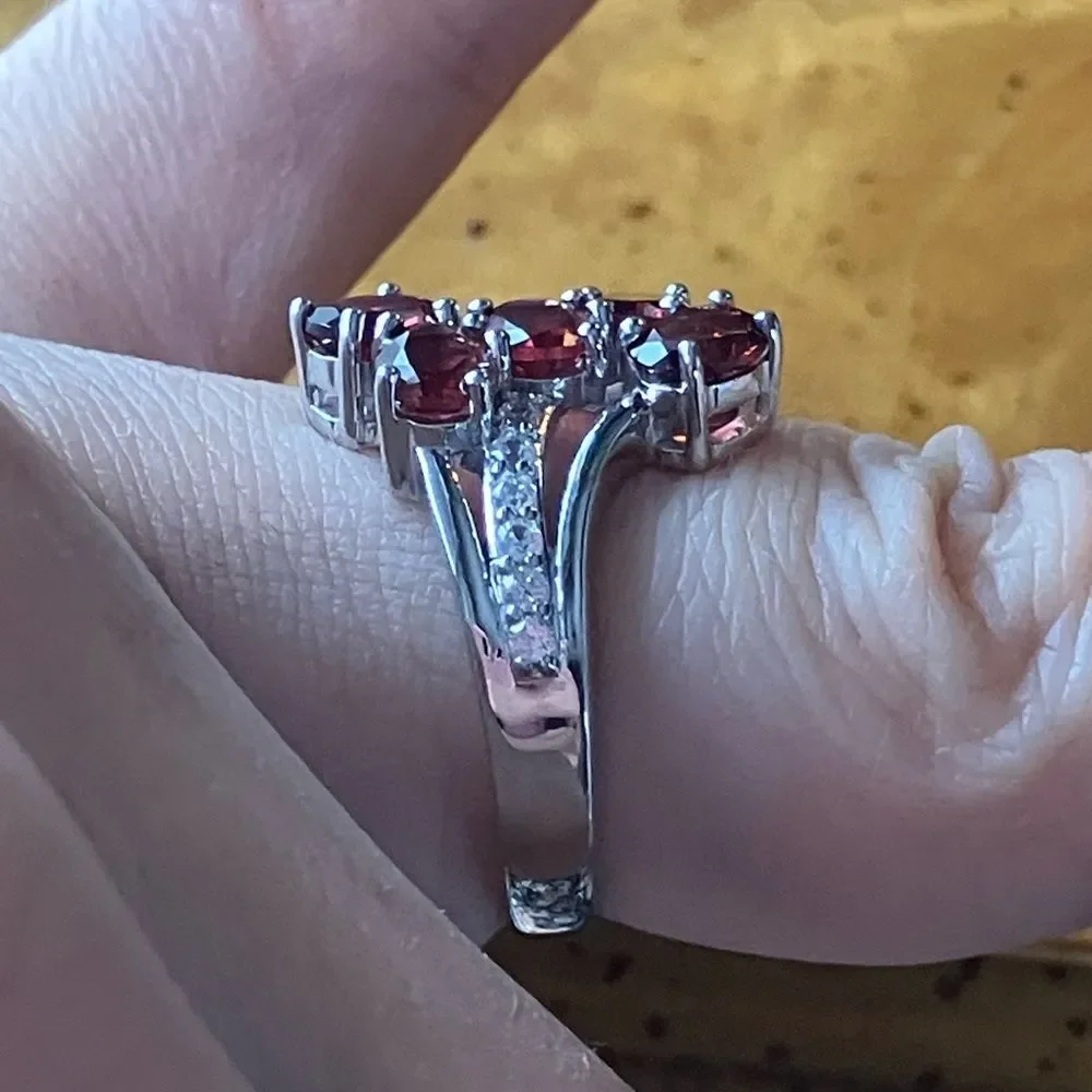 Natural Red Garnet Sterling Silver Cluster Ring Size 6